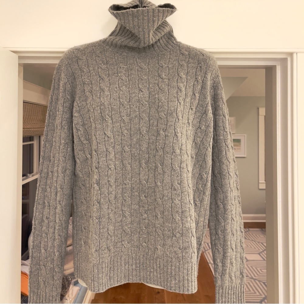 RALPH LAUREN Polo Gray Cable Knit Turtleneck Womens Large Sweater elbow patches